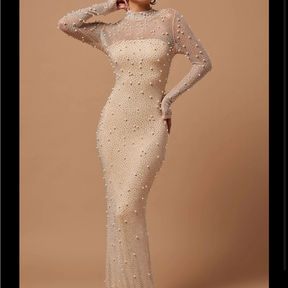 Elegant Pearl-Embellished Cream Dress